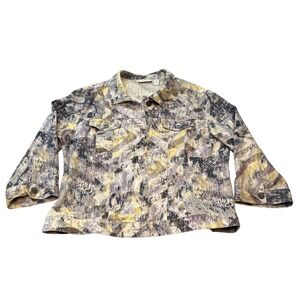 Chicos Linen Cotton Blend Abstract Print 3/4‎ Sleeve Denim Style Jacket Size 2